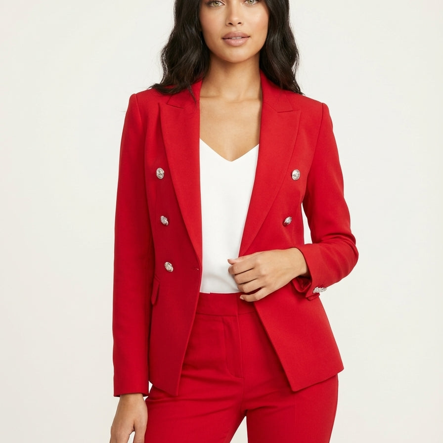 Damespak double-breasted blazer met slim fit pantalon