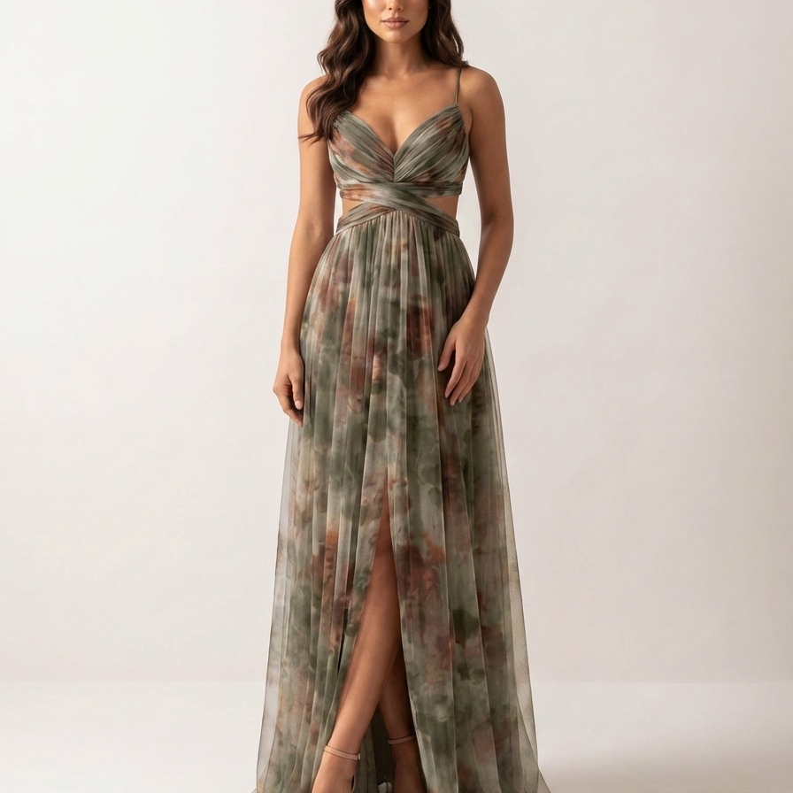 Elegante chiffon maxi jurk met watercolor print - Isa
