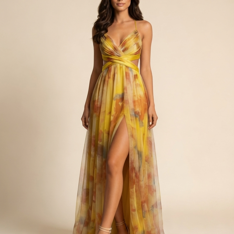 Elegante chiffon maxi jurk met watercolor print - Isa