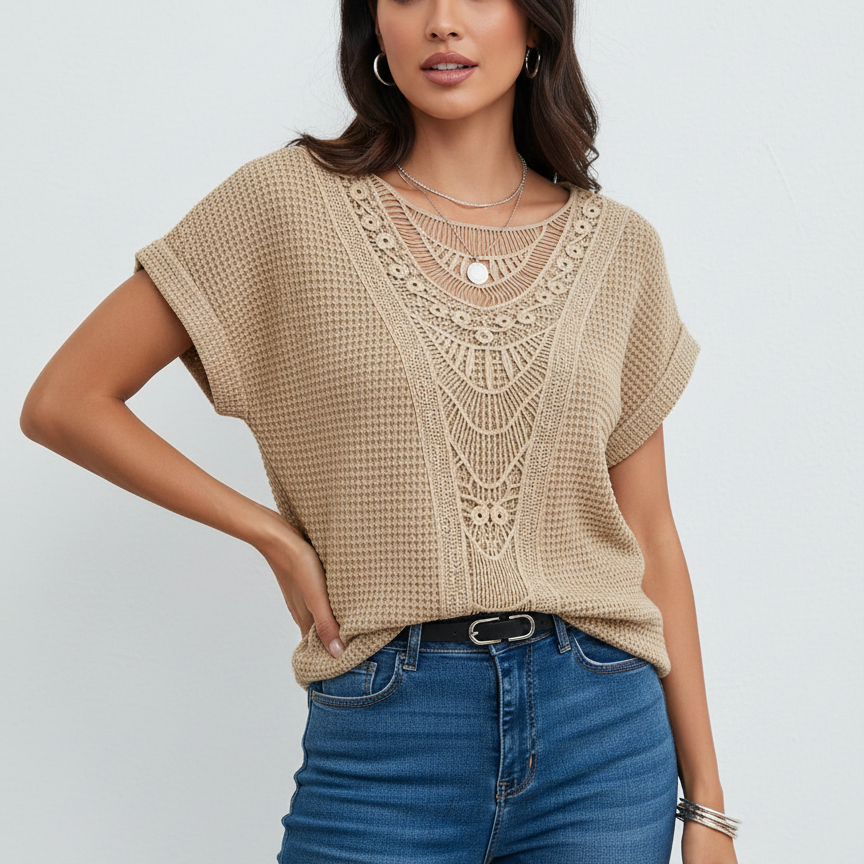 Elegante kanten top met ronde hals en korte mouw – Isabella