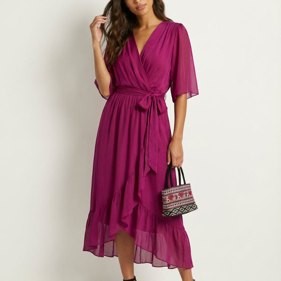 Flowy midi wikkeljurk met ceintuur - Elin