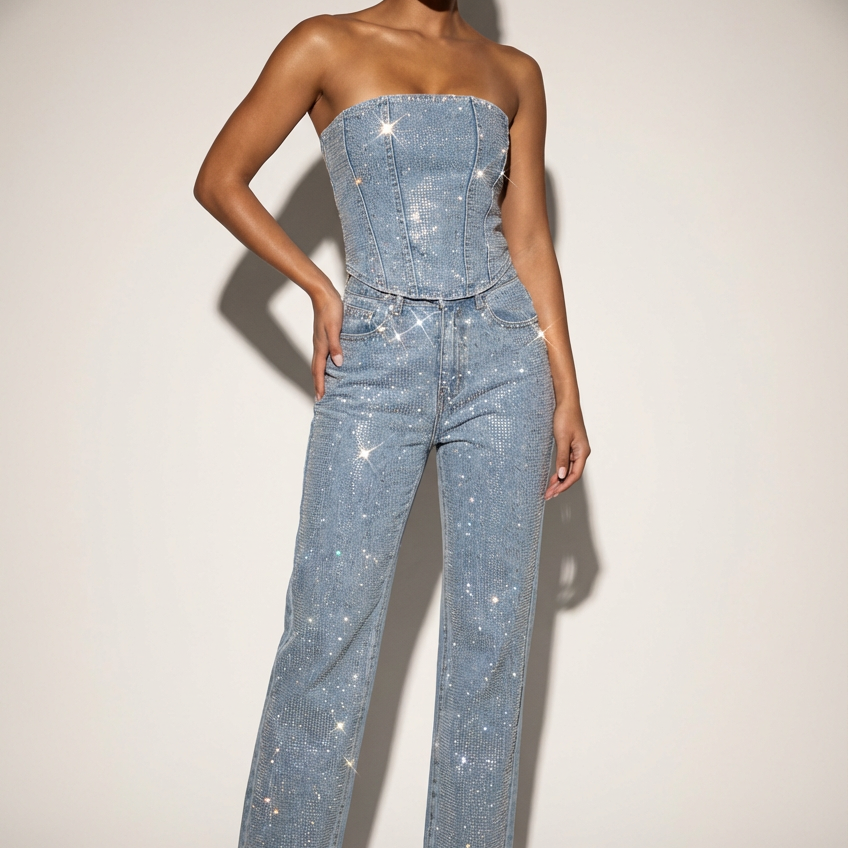 Glitter tweedelige set met strapless top en high-waist broek