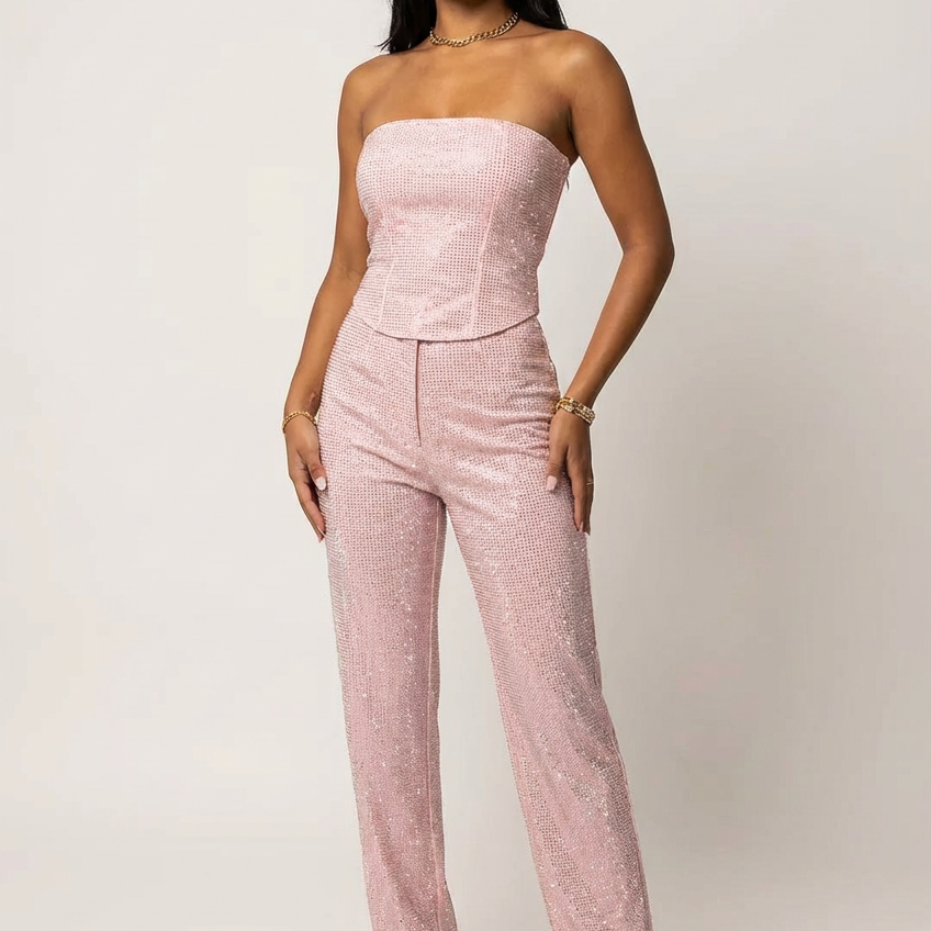 Glitter tweedelige set met strapless top en high-waist broek
