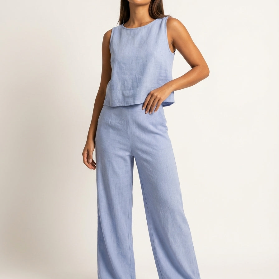 Linnen tweedelige dames set met top en wijde broek – Amara