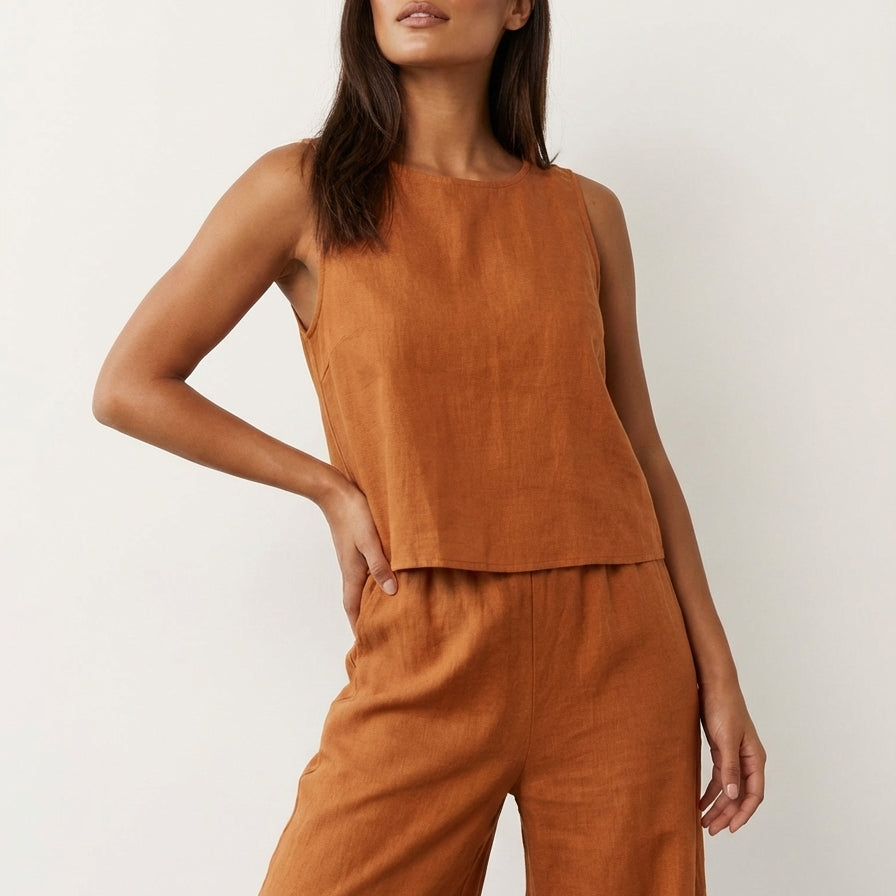 Linnen tweedelige dames set met top en wijde broek – Amara