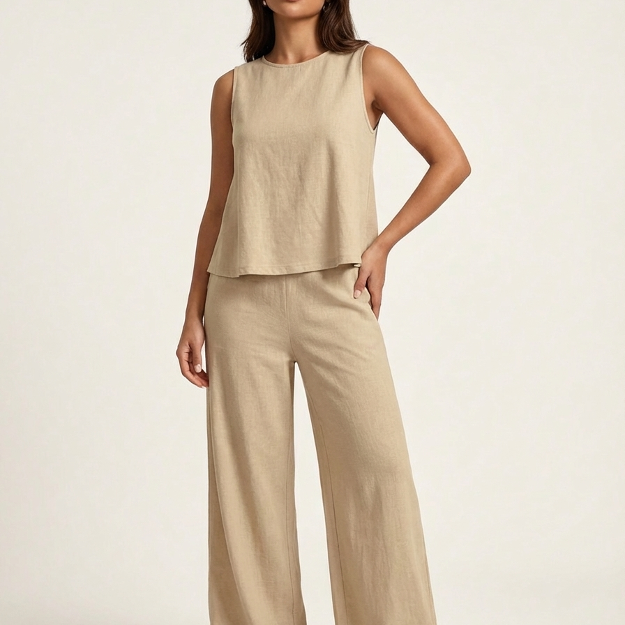 Linnen tweedelige dames set met top en wijde broek – Amara