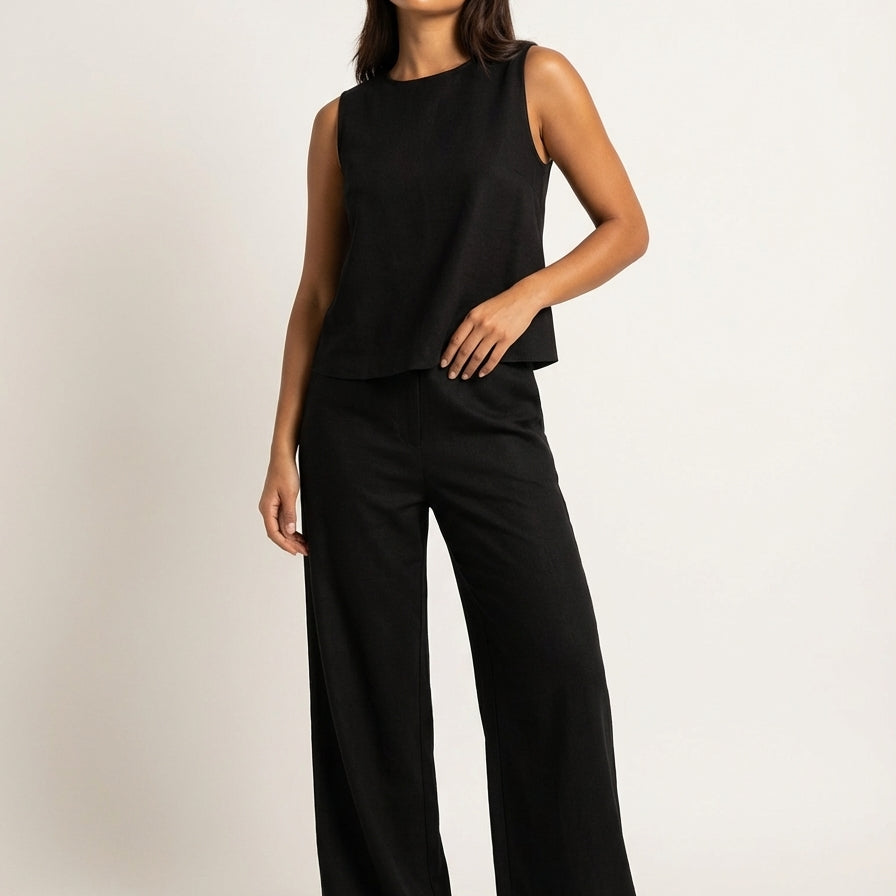 Linnen tweedelige dames set met top en wijde broek – Amara