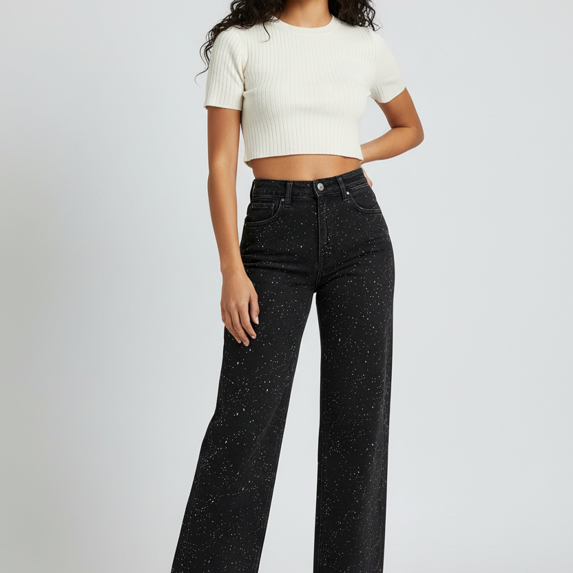 Recht high waist jeans met subtiele glitter details