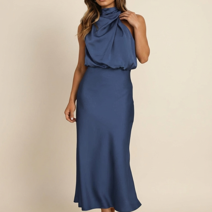 Satijnen halter midi jurk - Elara