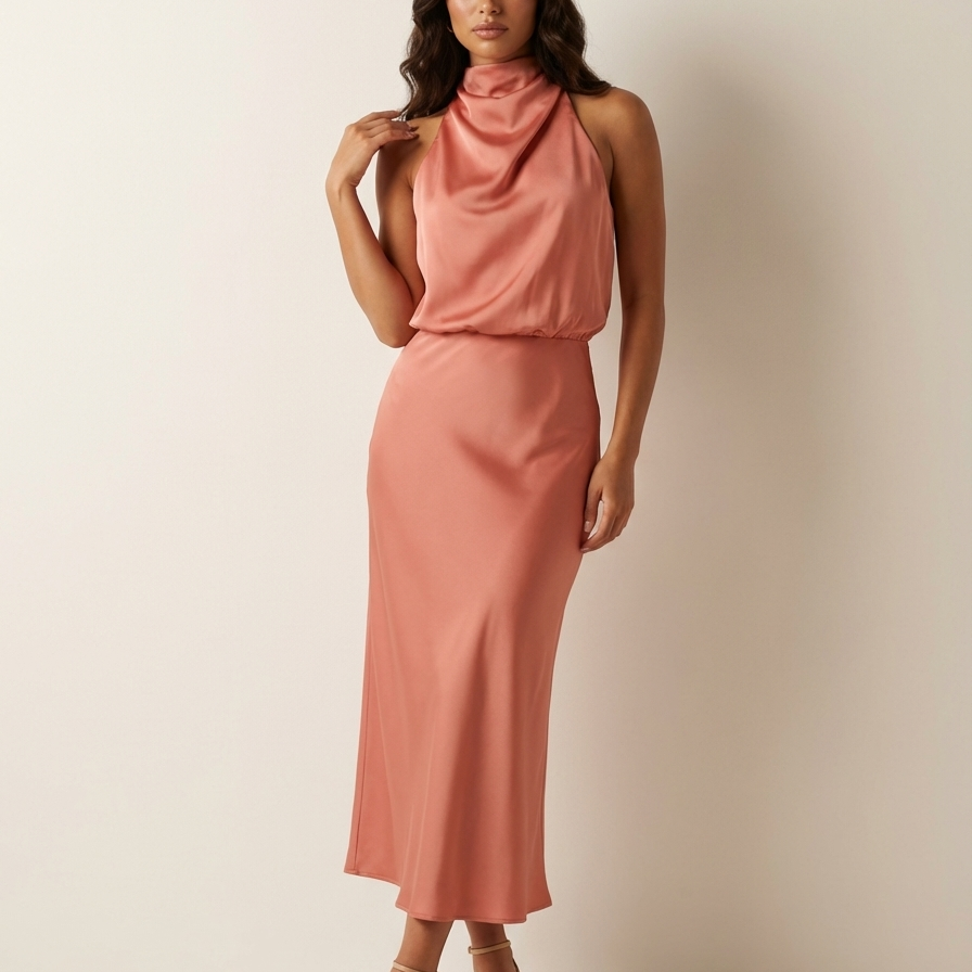 Satijnen halter midi jurk - Elara