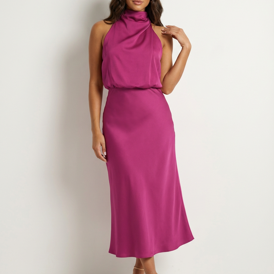 Satijnen halter midi jurk - Elara