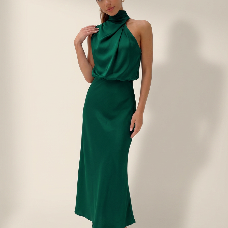 Satijnen halter midi jurk - Elara