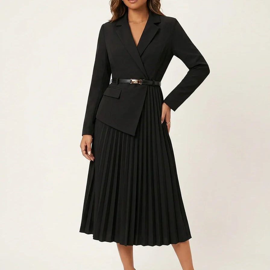 Stijlvolle midi jurk met geplisseerde rok en elegante blazerlook