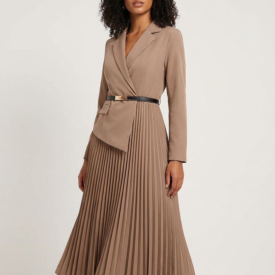 Stijlvolle midi jurk met geplisseerde rok en elegante blazerlook